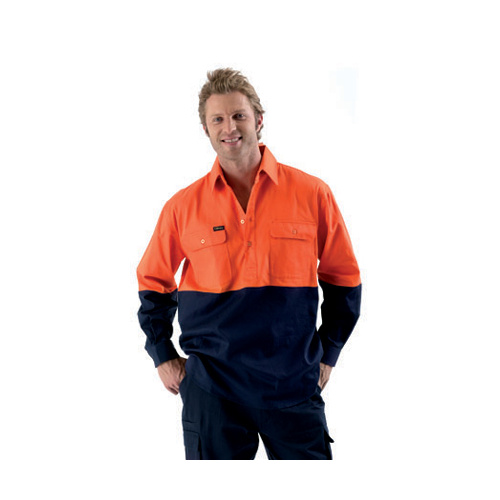 BSC6267 Bisley 2 Tone Closed Front Hi Vis Drill L/S Shirt [Size: S Colour: Orange/Navy]