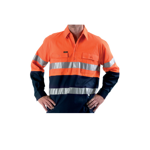 BTC6456 Bisley 2 Tone Closed Front Hi Vis Drill L/S Shirt - 3M R [Size: S Colour: Orange/Navy]