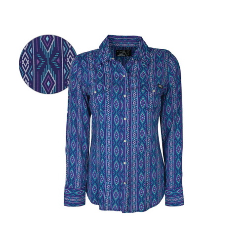 P6S2100052 PURE WESTERN WOMENS NOVA PRINT L/S SHIRT [Size: 8 Colour: Navy/Turquoise]