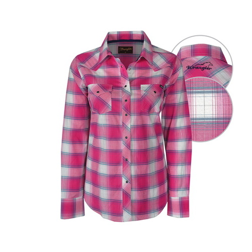 X6S2122068 WRANGLER WOMENS MARLEE CHECK STRETCH L/S SHIRT [Size: 8 Colour: White/Fuschia]