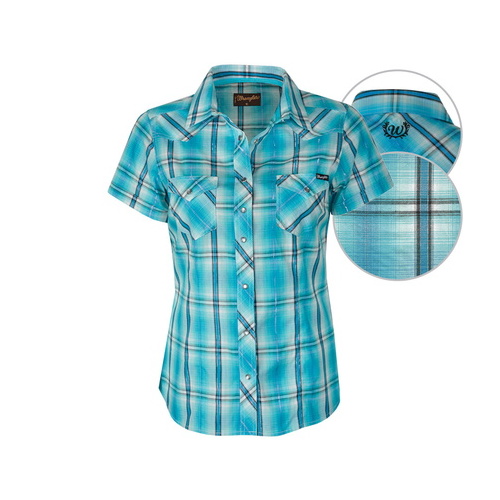 X6S2128069 WRANGLER WOMENS ARIA LUREX CHECK S/S SHIRT [Size: 8 Colour: Aqua]
