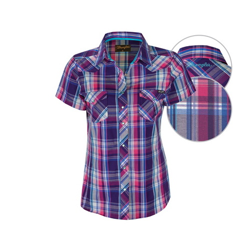 X6S2130071 WRANGLER WOMENS JULIANNA CHECK S/S SHIRT [Size: 10 Colour: Purple/Fuschia]
