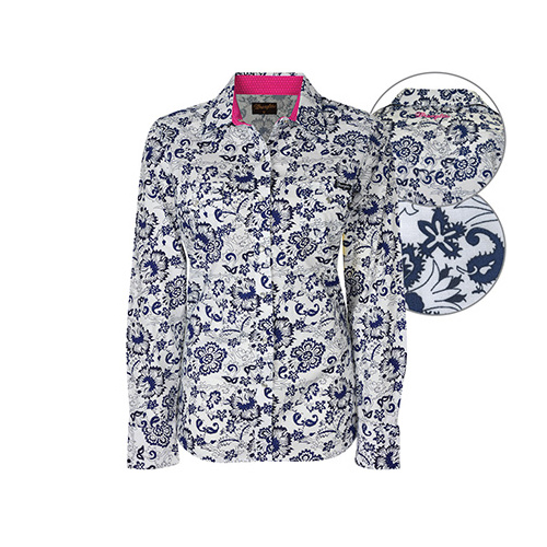 X6W2122019 WRANGLER WOMEN'S ALIYA STRETCH PRINT L/S SHIRT [Size: 8 Colour: White/Dark Navy]